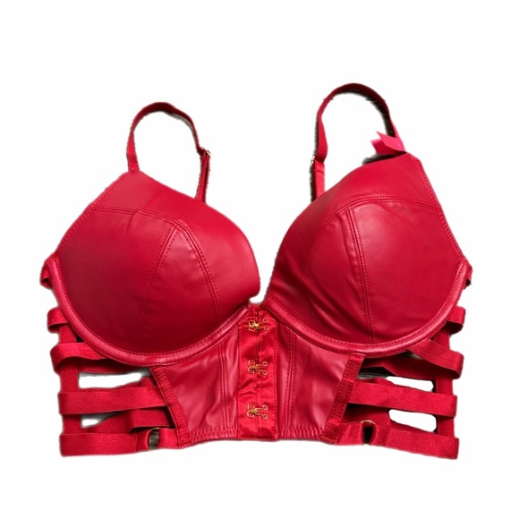 90s/Y2K European Vintage Escora Faux Leather Cage Longline Corset Bra (Red) 34C